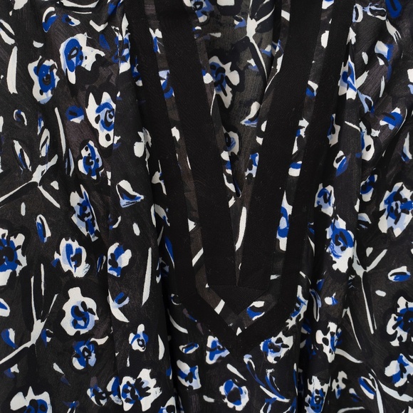 TORY BURCH Blue Puff Sleeve Dress Size XL Belted Midi Floral Asymmetrical - Picture 4 of 5